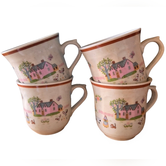 Set Of 4 Country House Japan Mugs With Saucers - Picture 3 of 5